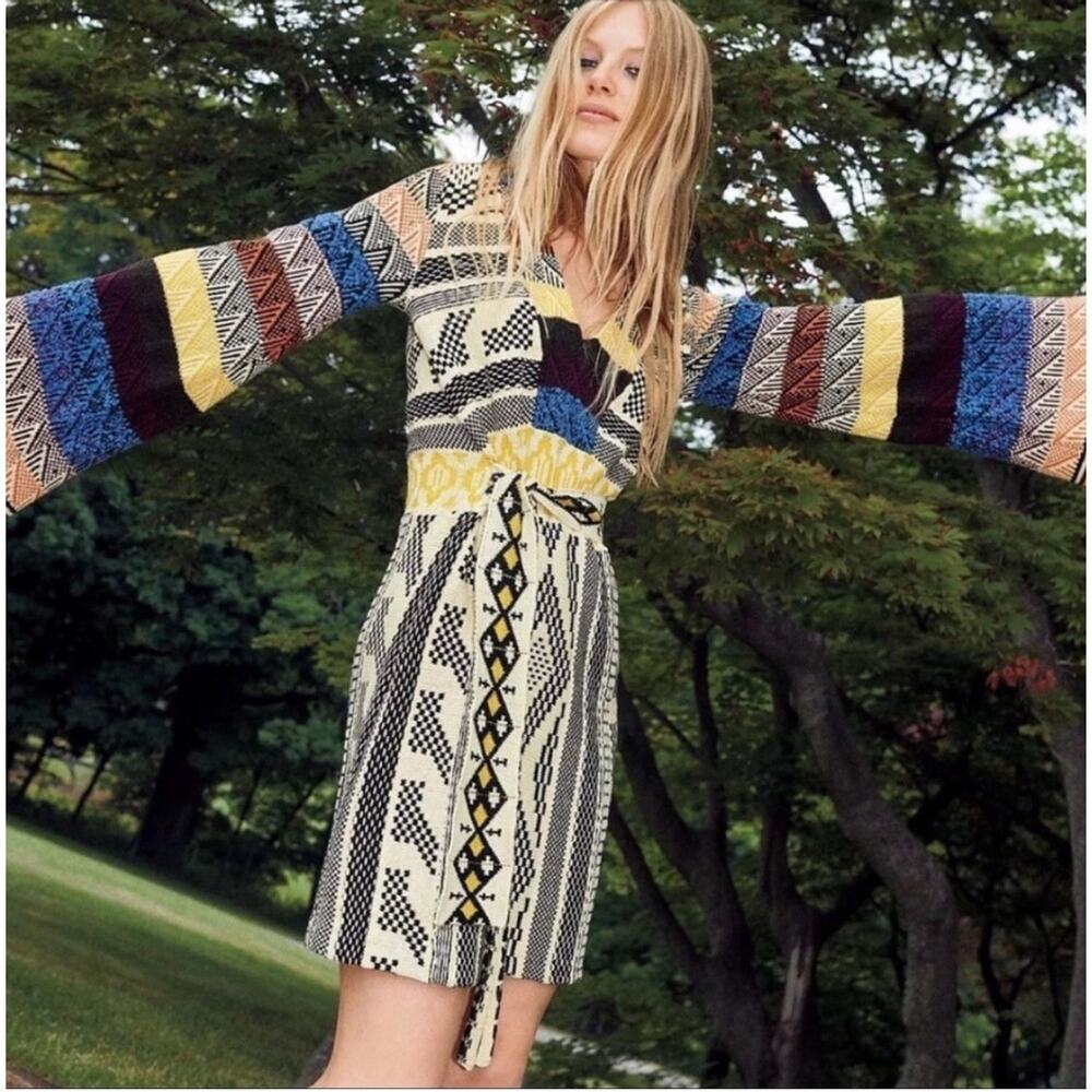 NWT / Free People Multicolor Patchwork‎ Bell Sleeve Sweater Dress / sz S
